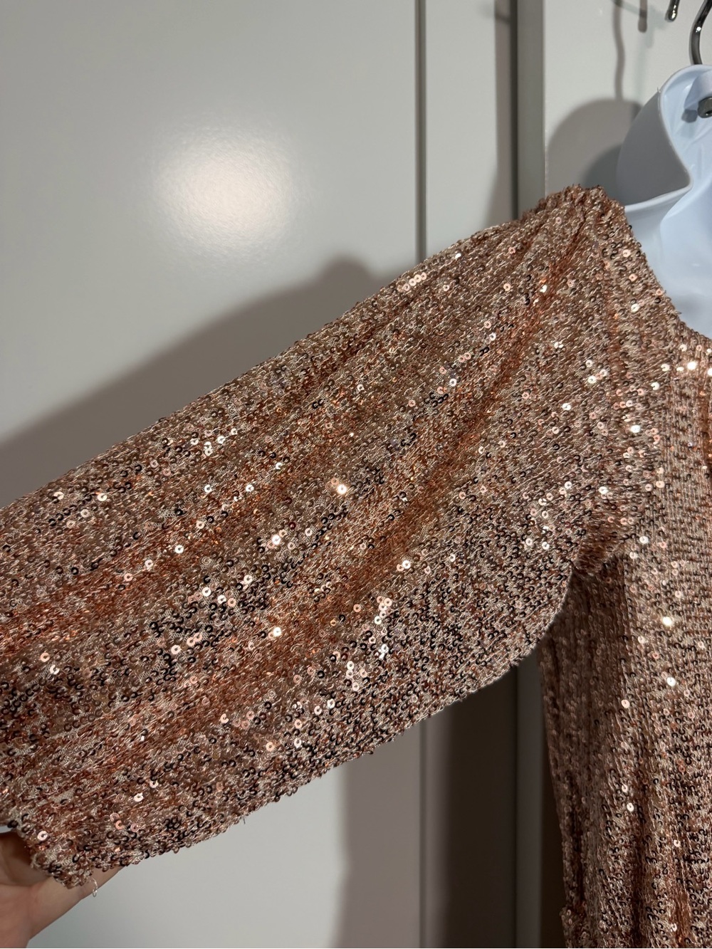 Rose Gold Fully Sequin Off-Shoulder Jumpsuit Blush Pink Size Medium Elastic Boho - Picture 7 of 9